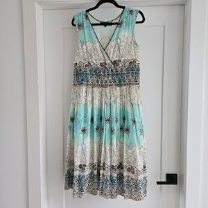 Minkas Bohemian V-Neck Dress - Aqua and Brown Size Medium 100% Cotton